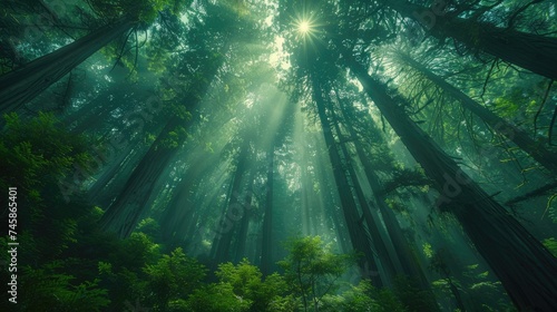 Sun rays piercing through a misty forest full of tall  green trees  creating a serene and tranquil atmosphere suitable for nature-related themes.
