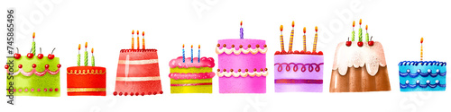 Set with colorful birthday cakes. Cakes with candles. Sweet desserts with cream and biscuit. Baby cute set on isolated background.