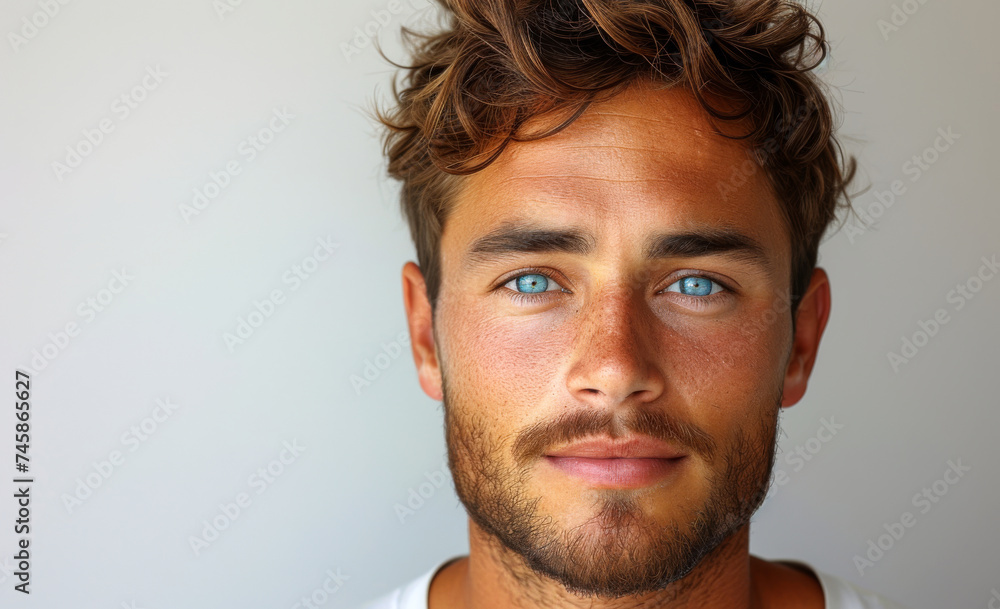 Bright blue eyes and tousled hair showcase a confident young man posing against a simple background in a casual setting during daylight Bright blue eyes and tousled hair showcase a confident young man posing against a simple background in a casual setting during daylight