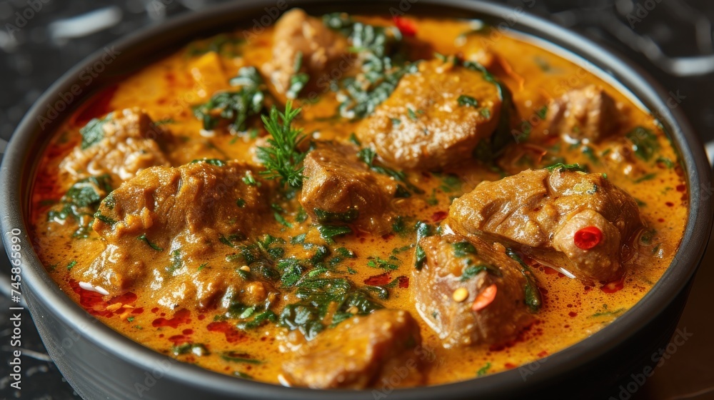 Savory Delight: A Close-Up of a Hearty Meat Stew Garnished with Fresh Herbs Savory Delight: A Close-Up of a Hearty Meat Stew Garnished with Fresh Herbs