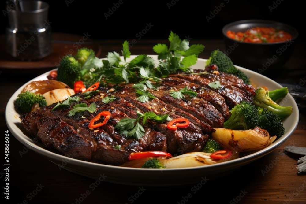 A front view fried meat with vegetables inside the plate on the brown wooden table, generative IA