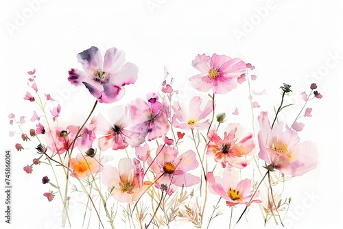 Watercolor botanical art summer pink flowers on white background, horizontal banner