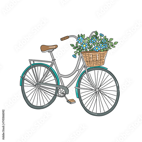 Cute bicycle with basket. Hand drawn vector bicycle with flowers. City bike illustration on white background