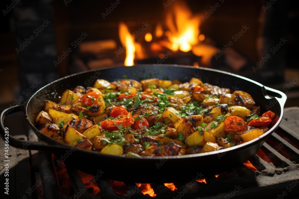 Frontal meal view of cooked vegetables with sliced ??meat and peppers in a pan on , generative IA