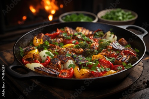 Frontal meal view of cooked vegetables with sliced ??meat and peppers in a pan on , generative IA