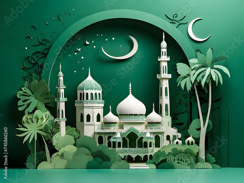 Mosque in papercut style on green background