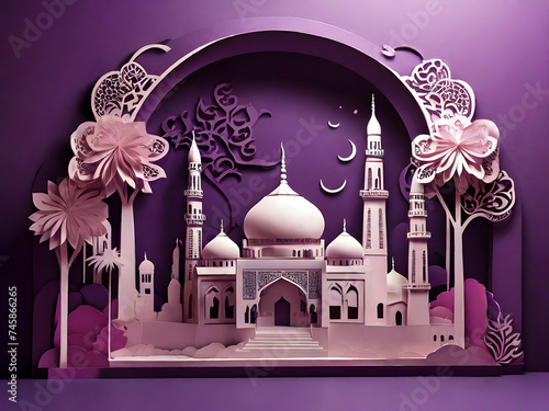 Mosque in papercut style on purple background