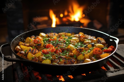 Frontal meal view of cooked vegetables with sliced ??meat and peppers in a pan on , generative IA