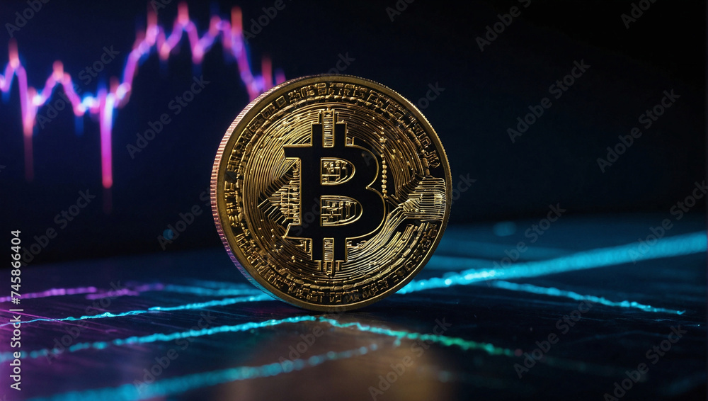Bitcoin coin against a dark blue background, with neon lines emanating from the coin. Generated AI
