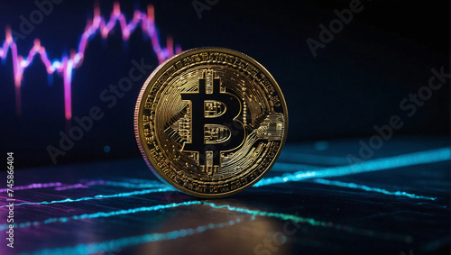 Obraz na płótnie Bitcoin coin against a dark blue background, with neon lines emanating from the coin. Generated AI w salonie