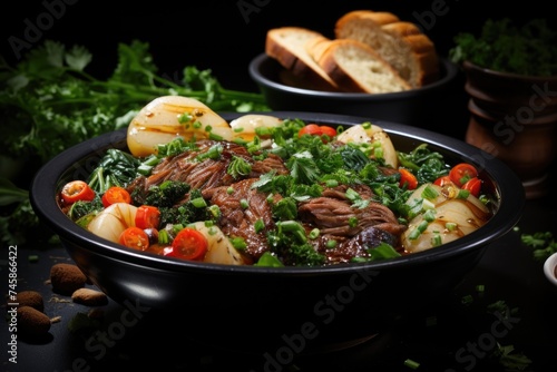 Frontal view Tasty meat soup with potatoes and vegetables in the dark sauce of mea, generative IA