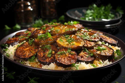 Front view tasty fried eggplants with cooked meat  rice and raisins on the dark su  generative IA
