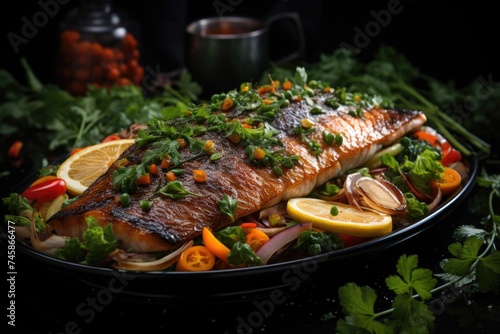 Tasty front view cooked fish with fresh vegetables and dark background cutlery, generative IA