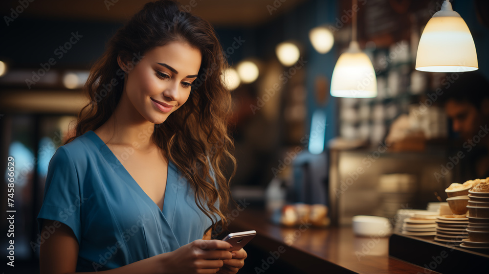 Smiling woman doctor using smartphone in cozy cafe with warm ambient lighting Smiling woman doctor using smartphone in cozy cafe with warm ambient lighting