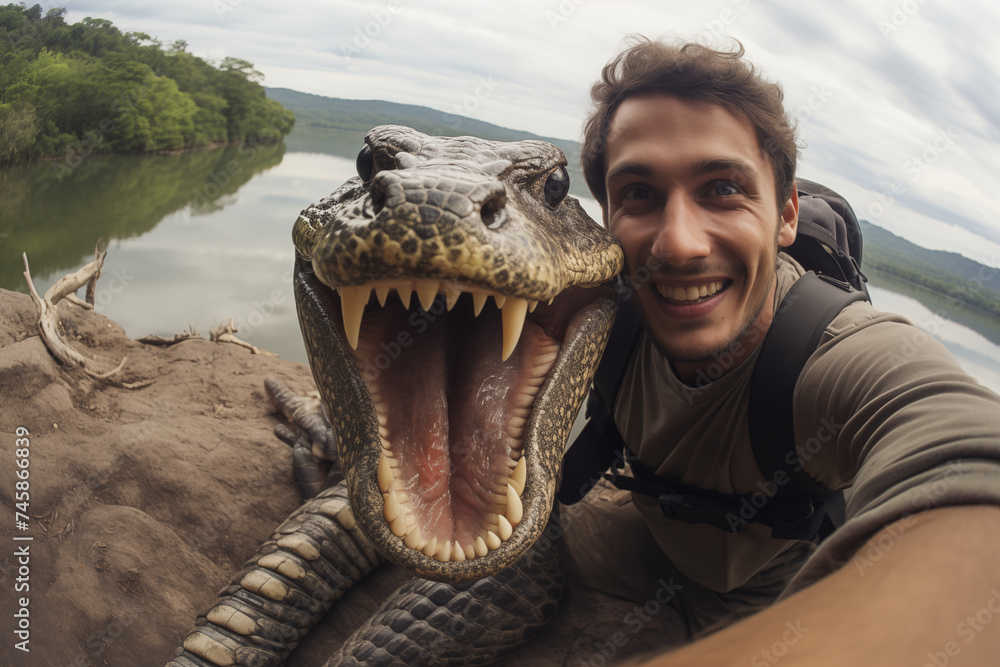 influencer who takes a photo with the rare prehistoric monster - obrazy, fototapety, plakaty 