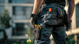A close-up of a construction worker's tool belt, equipped with tools and gear, ready for a day's work on the job site.