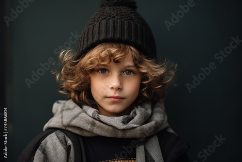 Portrait of a cute little boy with curly hair in a black hat and scarf © Loli
