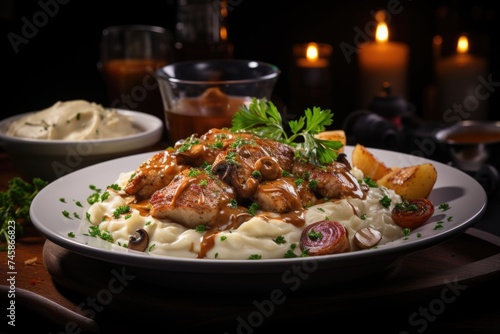 Side views of chicken stew in creamy sauce with mushrooms, garnished with chips on, generative IA