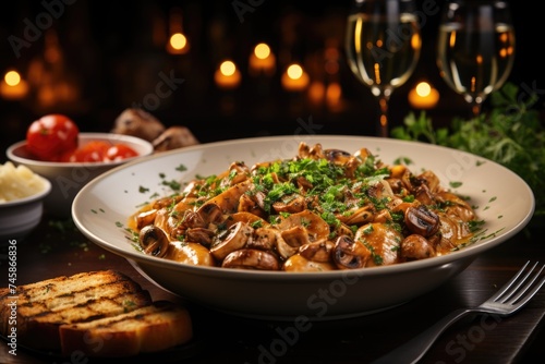 Side views of chicken stew in creamy sauce with mushrooms, garnished with chips on, generative IA
