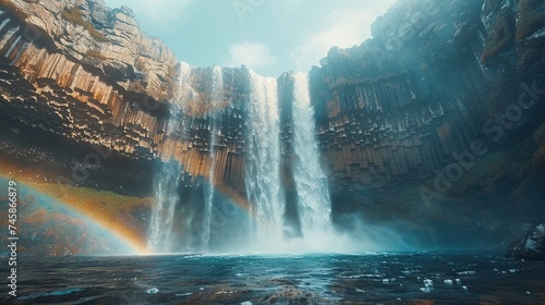 A stunning image capturing the dramatic and serene beauty of a waterfall with a visible rainbow  surrounded by rugged cliffs.