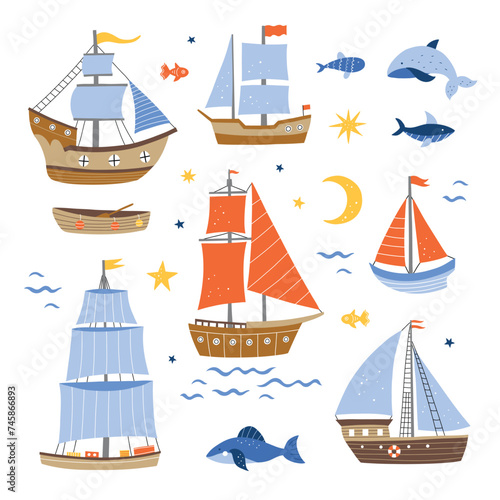 Cute ships vector set. Colorful ships and boats nautical illustrations on white background