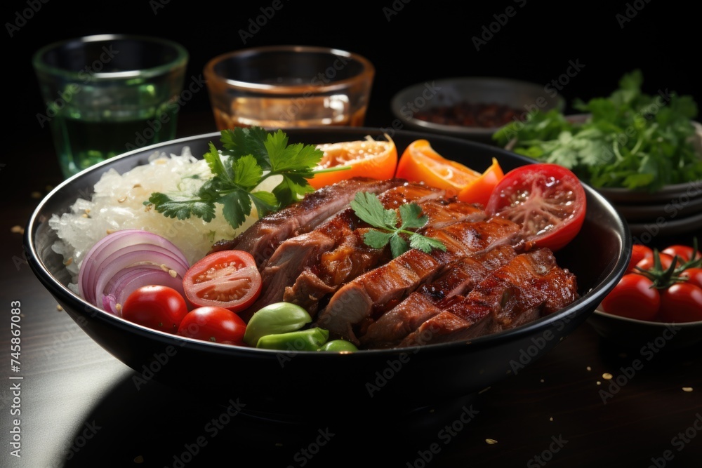 Side view, assorted, meat, dish, boiled cold, pork, hoarse, bastirma, tomatoes, an, generative IA - obrazy, fototapety, plakaty 