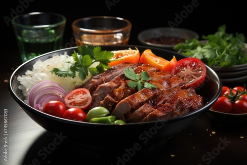 Side view, assorted, meat, dish, boiled cold, pork, hoarse, bastirma, tomatoes, an, generative IA