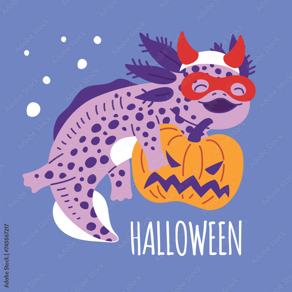Squared banner about Halloween with happy axolotl holding pumpkin Squared banner about Halloween with happy axolotl holding pumpkin