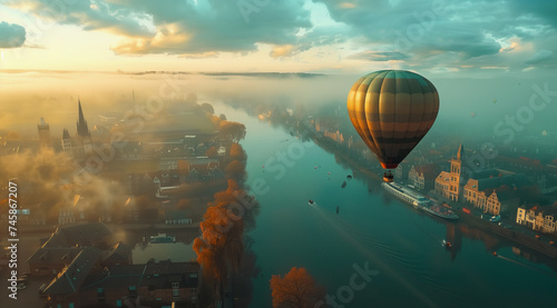 a hot air balloon hovering high over a small town of bohemia