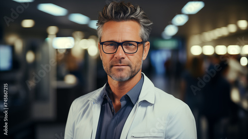Confident mature doctor with glasses in a modern office setting.