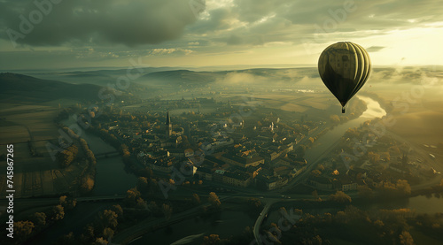 a hot air balloon hovering high over a small town of bohemia
