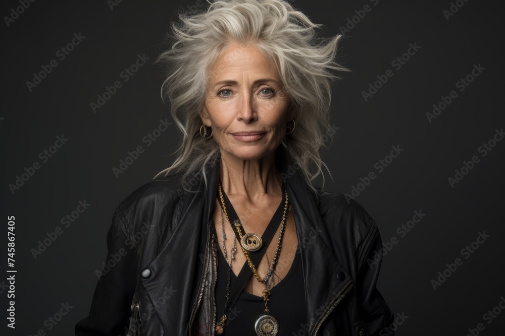 Portrait of a beautiful mature woman with short blond hair wearing a leather jacket. Portrait of a beautiful mature woman with short blond hair wearing a leather jacket.