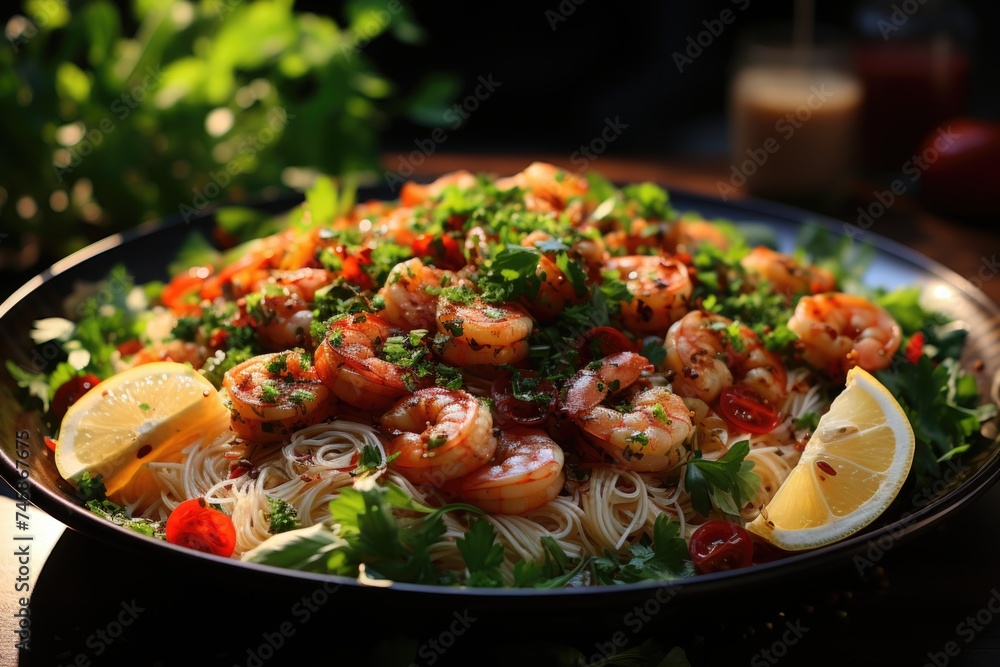 Superior view of seafood spaghetti with shrimp shrimp tomato sauce and parsley, generative IA