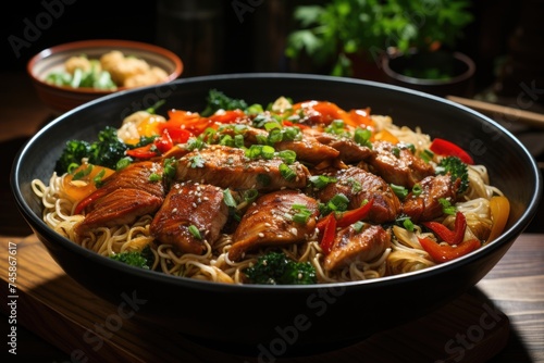 Yakisoba Noodles Yakisoba dish with chicken and vegetable meat, generative IA