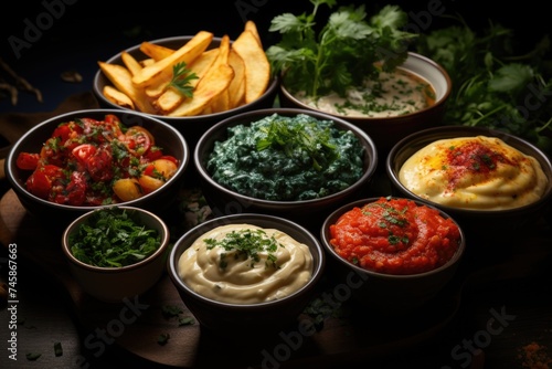 Upper view of different delicious salads with cream soups and chips on the table, generative IA