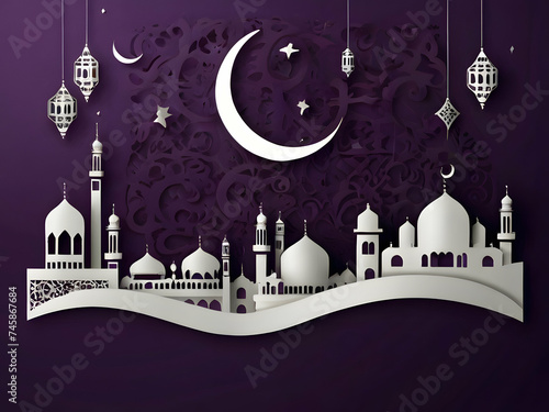 Mosque in papercut style on purple background