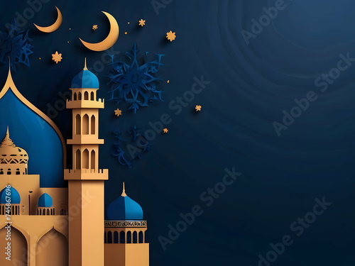 Mosque and minaret in papercut style on dark background