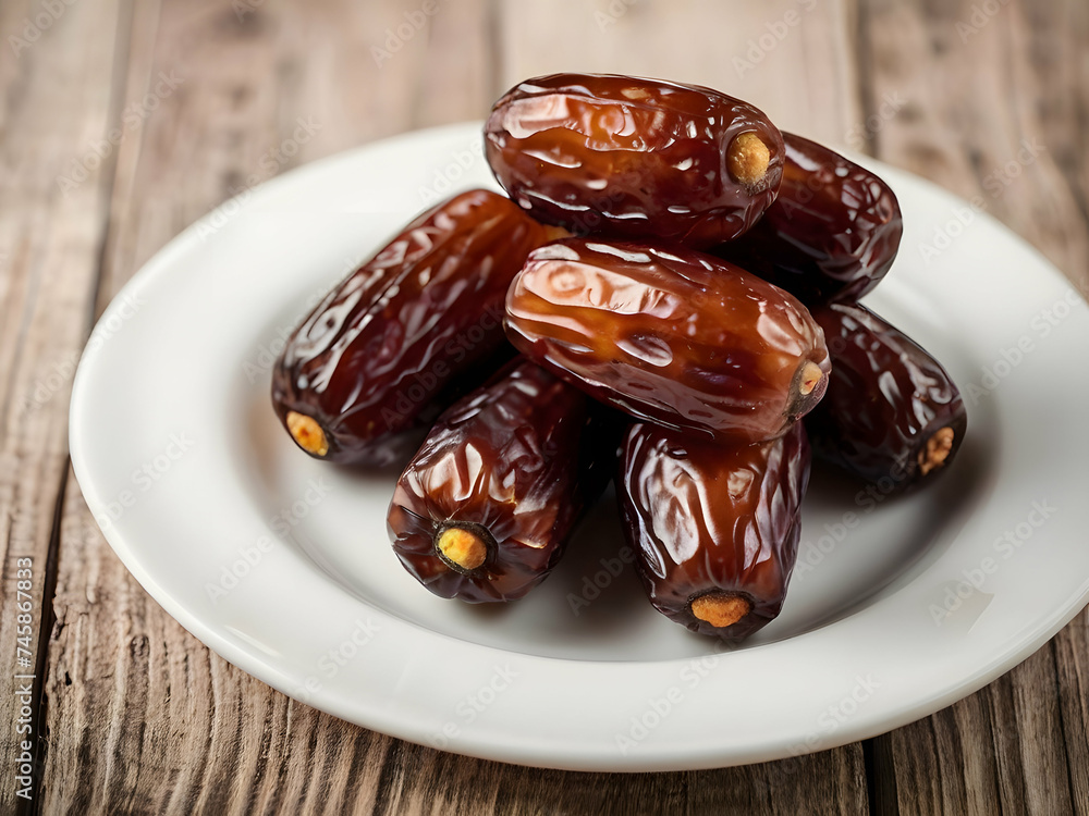 pile of dates on white plate on wooden table
