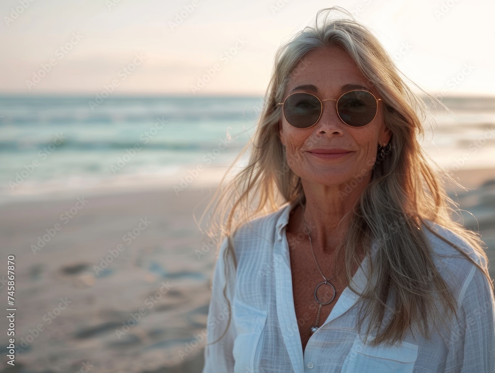 Portrait of a mature woman smiling with the beach and sunset in the background while wearing sunglasses Portrait of a mature woman smiling with the beach and sunset in the background while wearing sunglasses