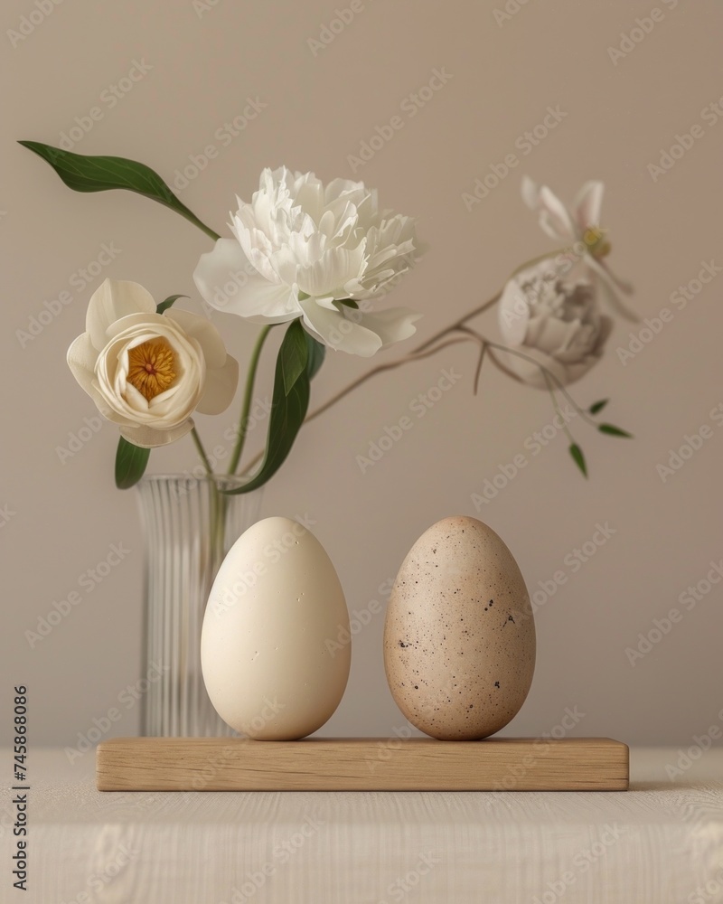 A serene image featuring fresh white flowers and two eggs, suggesting new life and purity A serene image featuring fresh white flowers and two eggs, suggesting new life and purity