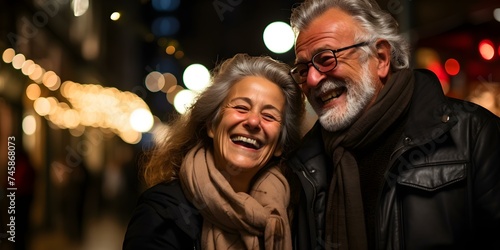 Elderly couple joyfully bonding laughing together on vibrant urban street at night. Concept Elderly Couple, Joyful Bonding, Urban Street, Night, Laughter