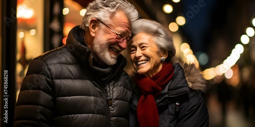 Elderly couple happily connecting and laughing together on a lively urban street at night. Concept Love, Happiness, Connection, Laughter, Nightlife
