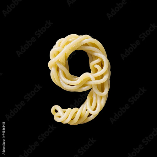 Number 9 made from spaghetti on black background, Generative AI