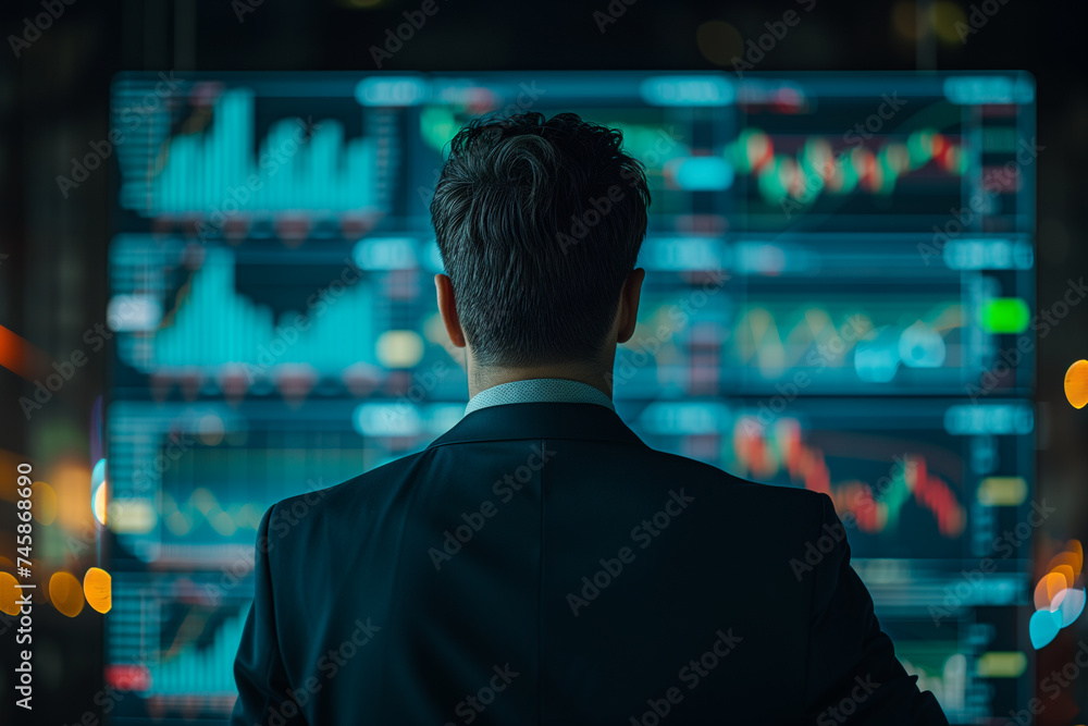 Rear view of a businessman in a suit observing fluctuating stock market graphs on digital screens. Rear view of a businessman in a suit observing fluctuating stock market graphs on digital screens.
