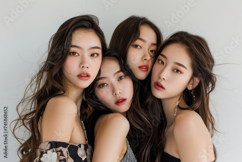 Four Elegant Young Asian Women in Glamorous Attire on a Plain Light Grey Background