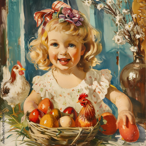 Easter postcard with a girl and a chicken