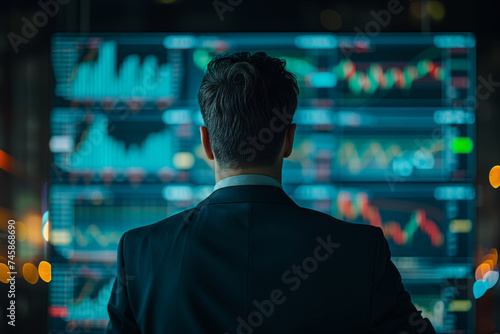 Rear view of a businessman in a suit observing fluctuating stock market graphs on digital screens.