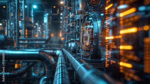 An intricate network of pipes and a control panel with illuminated indicators, showcasing a futuristic industrial pipeline system.