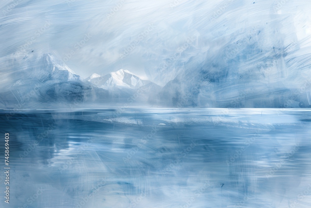 Abstract brush strokes creating mountain landscape - The image depicts a serene mountain landscape created with expressive abstract blue brush strokes