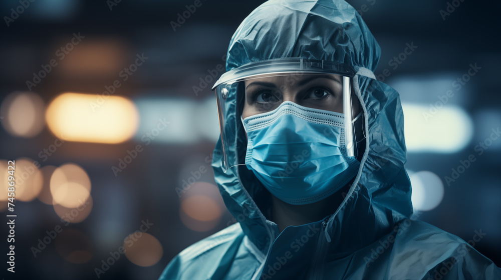 Healthcare professional in PPE suit with face mask looking at camera. Healthcare professional in PPE suit with face mask looking at camera.